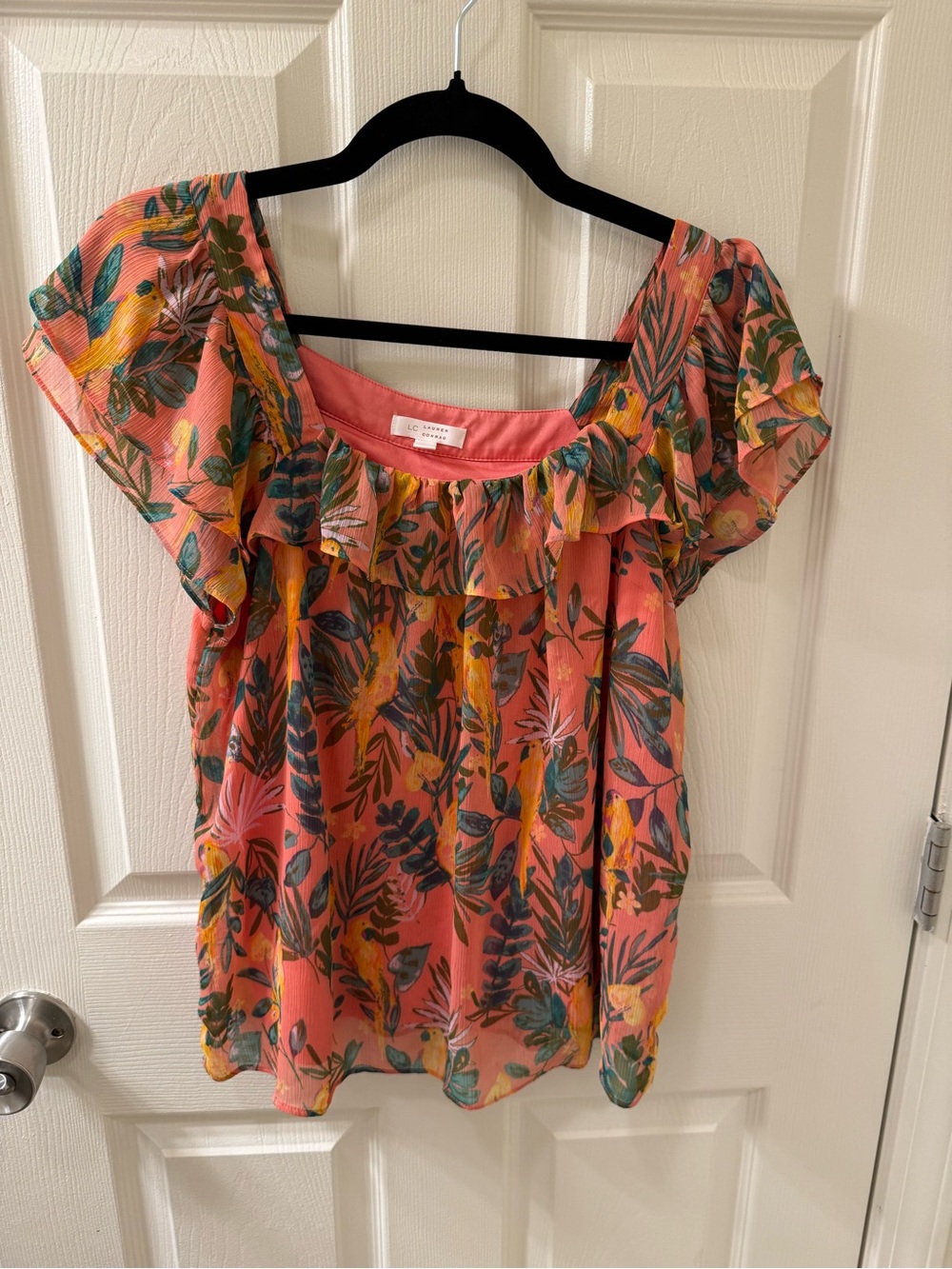 LC Lauren Conrad Coral Floral Ruffle Blouse